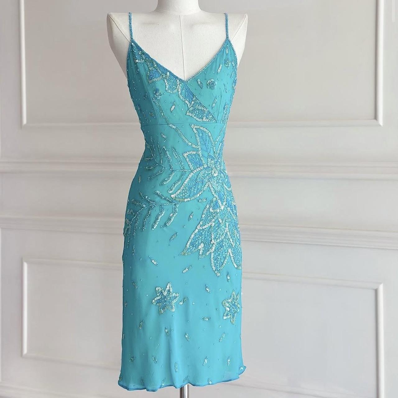 Turquoise homecoming dress vintage y2k fairy boho floral beaded sequin embroidery midi chiffon suspender dress prom dress evening gown party dress nv4411