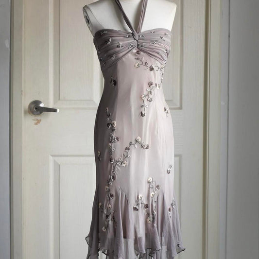🧚🏼♂️Warm grey vintage y2k fairy homecoming dress boho floral beaded embroidered backless prom dress evening dress party dress wedding guest dress nv4405
