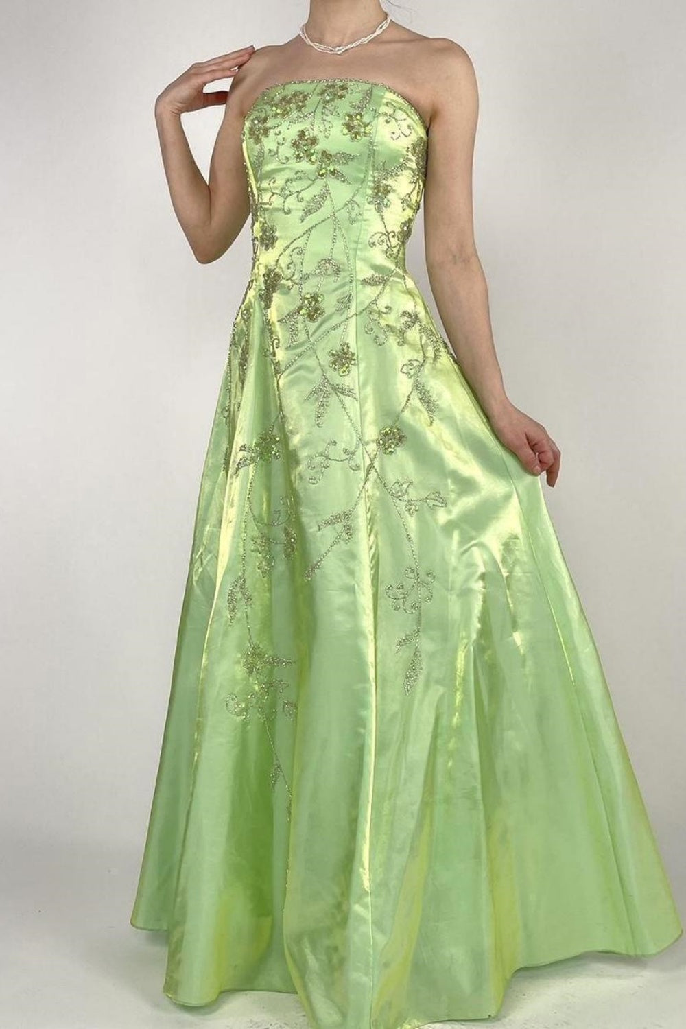 NiceVestidos-Green exquisite beaded long satin fairy gown ball gown y2k vintage dress nv5441