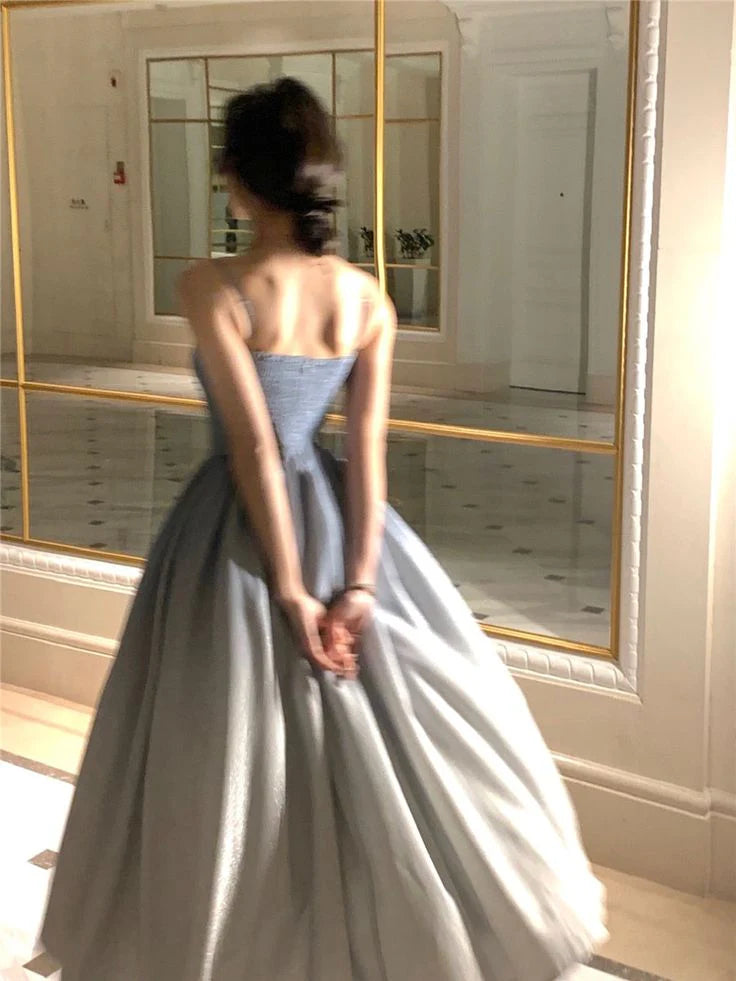 Blaues langes Ballkleid mit Pailletten und Trägern in A-Linie, formelles Abendkleid, nv2821