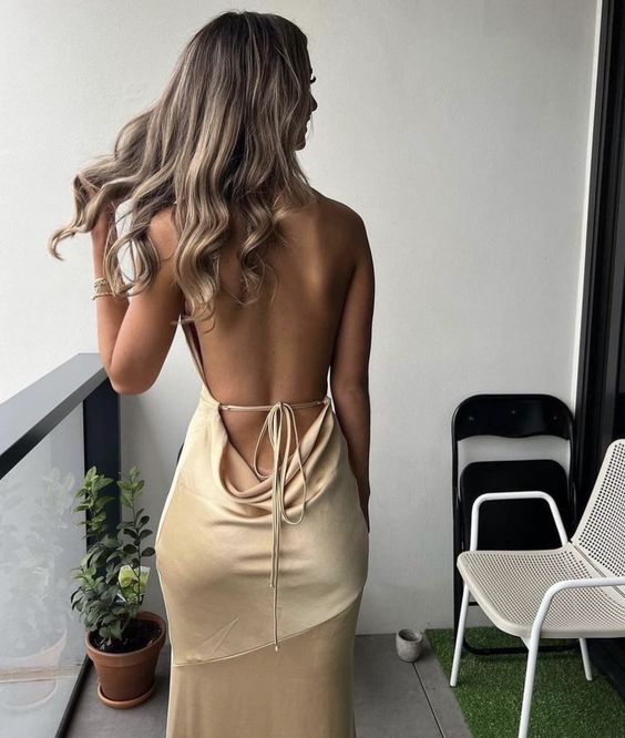 Sexy Sheath Straps Backless Champagne Prom Dresses Evening Dress nv1688