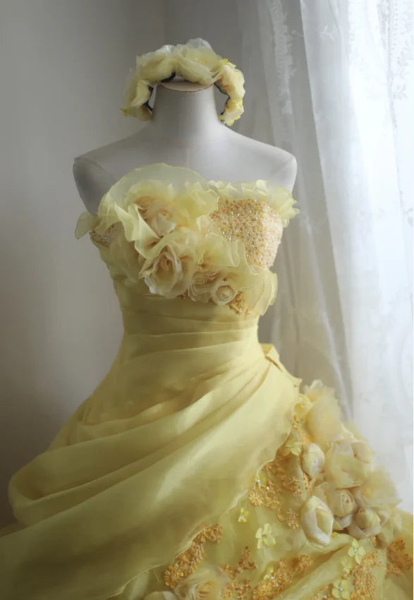 NiceVestidos--Yellow Floral Retro Heavy Handmade Flower Tube Top Pleated Multi-Layer Long Birthday Dress Wedding Dress Prom Dress NV5794