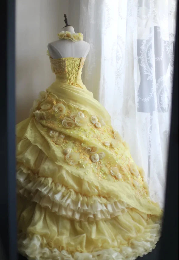 NiceVestidos--Yellow Floral Retro Heavy Handmade Flower Tube Top Pleated Multi-Layer Long Birthday Dress Wedding Dress Prom Dress NV5794