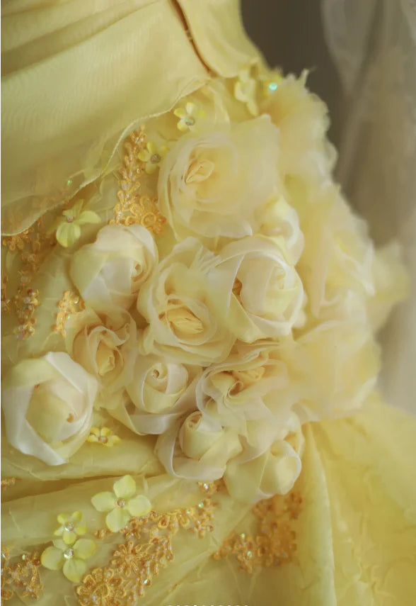 NiceVestidos--Yellow Floral Retro Heavy Handmade Flower Tube Top Pleated Multi-Layer Long Birthday Dress Wedding Dress Prom Dress NV5794