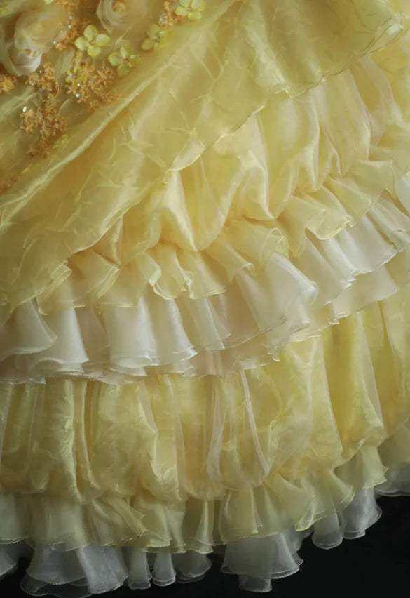 NiceVestidos--Yellow Floral Retro Heavy Handmade Flower Tube Top Pleated Multi-Layer Long Birthday Dress Wedding Dress Prom Dress NV5794