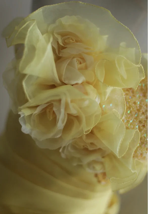 NiceVestidos--Yellow Floral Retro Heavy Handmade Flower Tube Top Pleated Multi-Layer Long Birthday Dress Wedding Dress Prom Dress NV5794