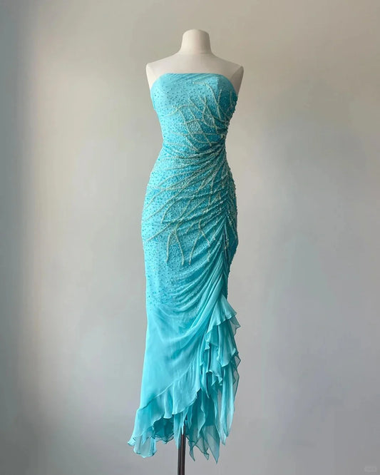 Blue exquisite beaded elegant off-shoulder mermaid slim long chiffon Prom Dress evening dress party dress nv4757