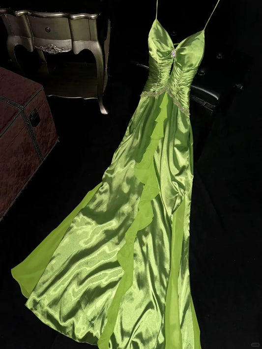 Green stylish and elegant spaghetti strap satin long ball gown nv5396