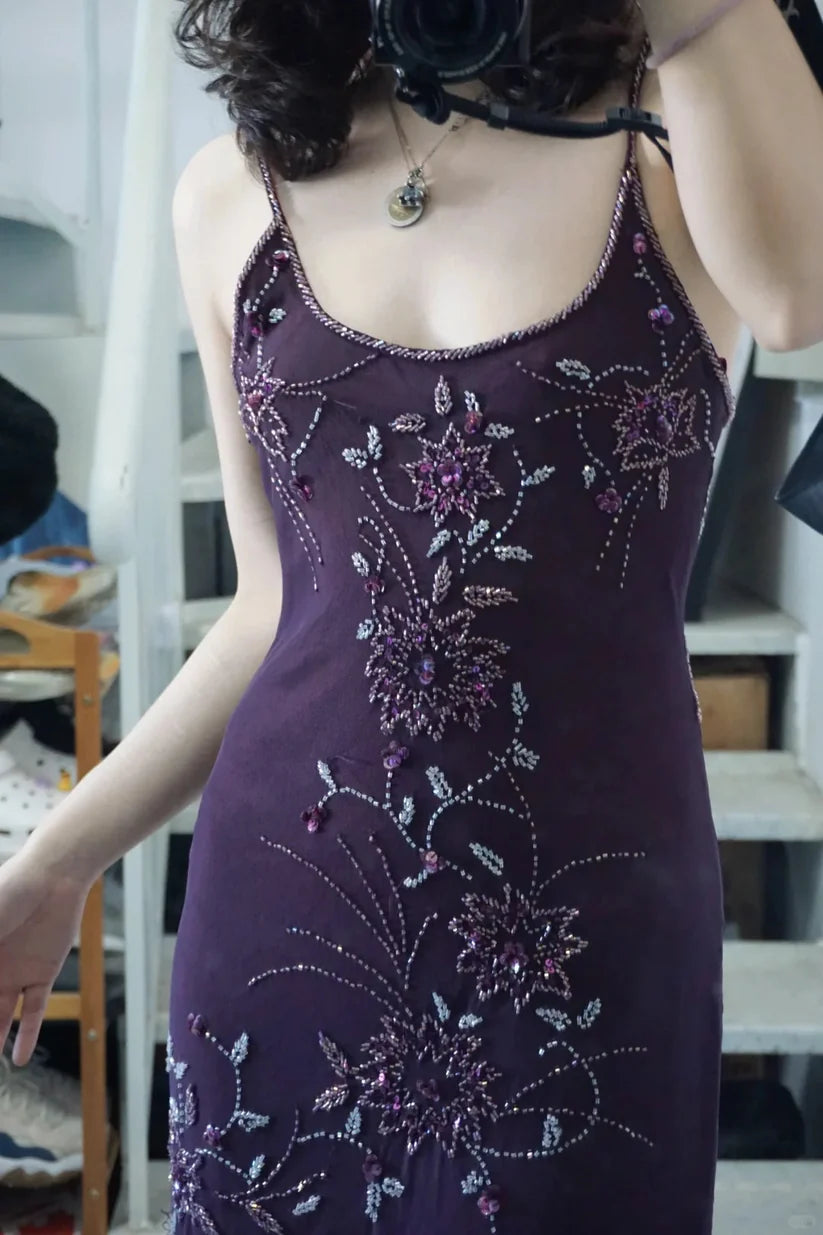 NiceVestidos--Prom Highlight Style Dark Purple Beaded Embroidery Spaghetti Strap Extra-Long Prom Dress NV5799