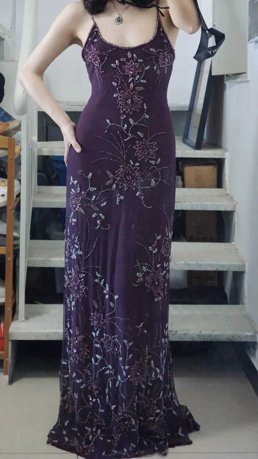NiceVestidos--Prom Highlight Style Dark Purple Beaded Embroidery Spaghetti Strap Extra-Long Prom Dress NV5799
