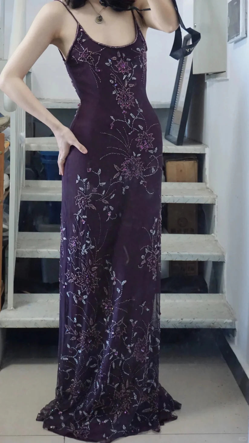 NiceVestidos--Prom Highlight Style Dark Purple Beaded Embroidery Spaghetti Strap Extra-Long Prom Dress NV5799