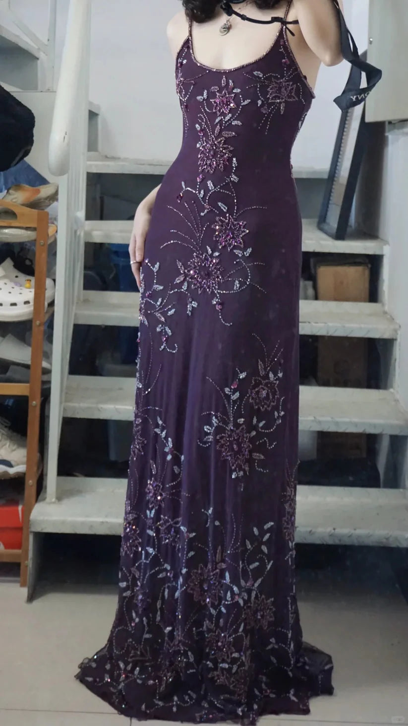 NiceVestidos--Prom Highlight Style Dark Purple Beaded Embroidery Spaghetti Strap Extra-Long Prom Dress NV5799