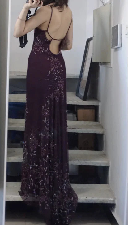 NiceVestidos--Prom Highlight Style Dark Purple Beaded Embroidery Spaghetti Strap Extra-Long Prom Dress NV5799