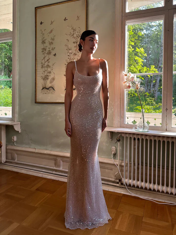 Simple Mermaid Strap Sequined Ball Gown Evening Dress Prom Dress nv1762
