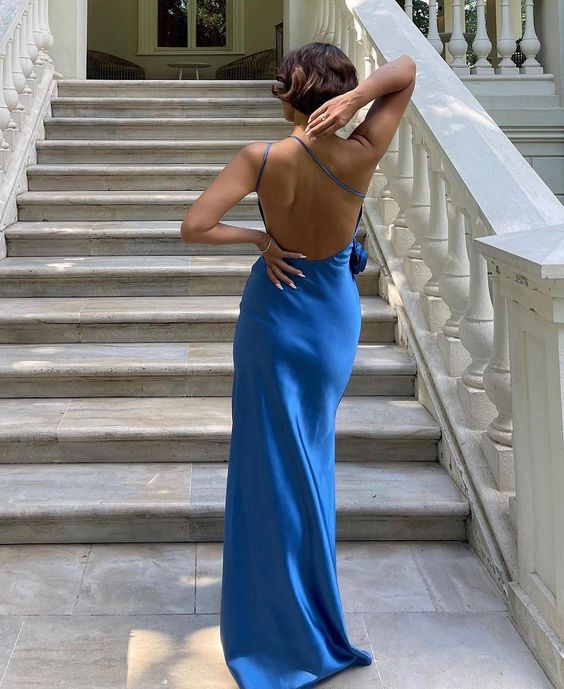 Sexy A line Backless Royal Blue Satin Prom Dresses nv1551