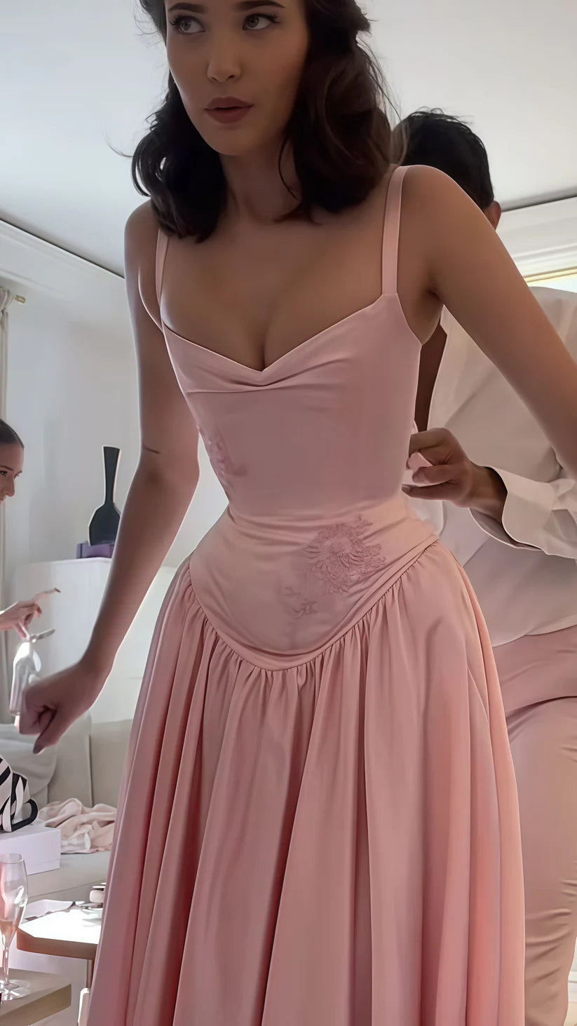 Pink Elegant Fashion Applique Evening Dress A-Line Strap Long Satin prom dress Evening Dress Wedding Party Dress Bridesmaid Dress nv3773