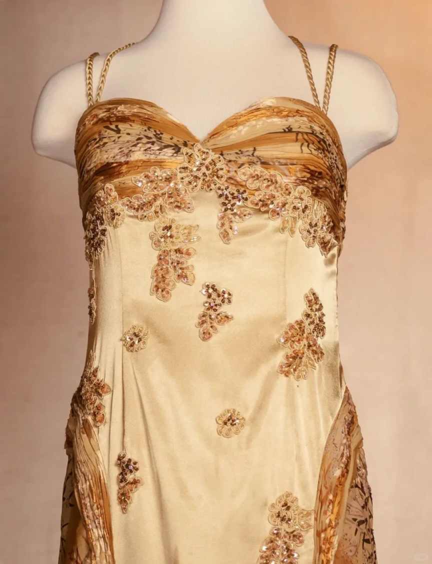 Gold Floral Elegant Long Satin Prom Dress Evening Dress Party Dress nv4696
