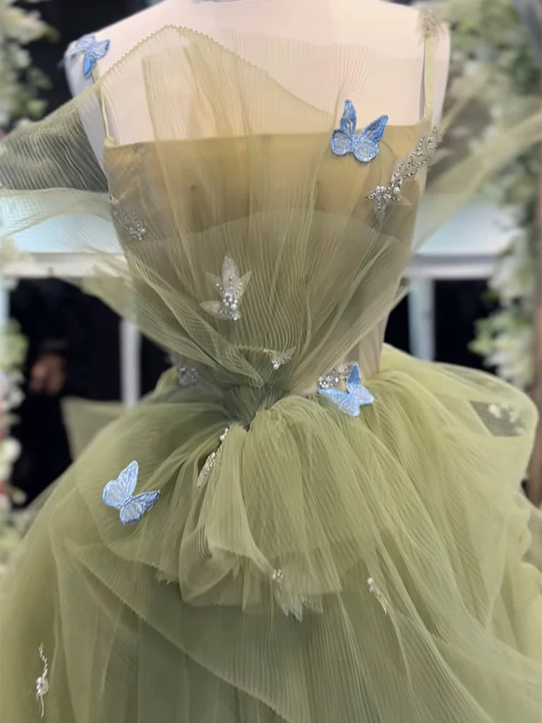 A-Line Green Tulle Long Prom Dress, Green Long Graduation Dress nv1470