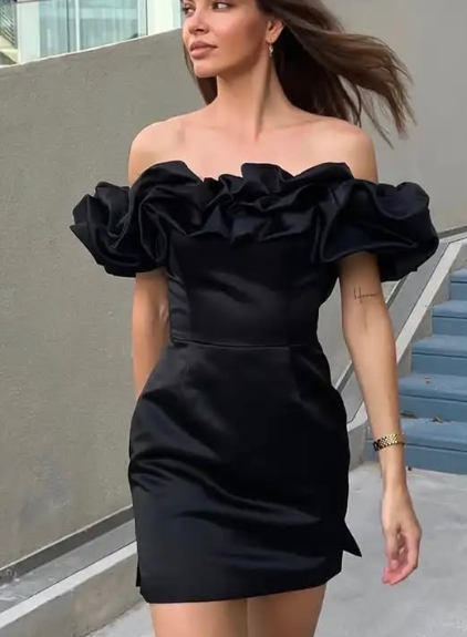 Black tight off the shoulder ruffle short mini satin homecoming dress prom dress birthday party dress nv1730