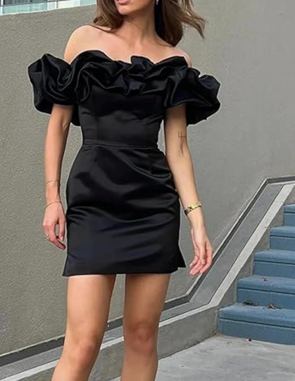 Black tight off the shoulder ruffle short mini satin homecoming dress prom dress birthday party dress nv1730