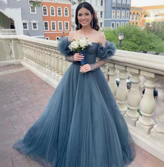 Blue/Pink Tulle Long Ball Gown A Line Evening Dress nv594