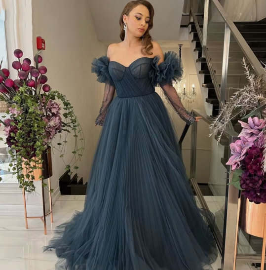 Blue/Pink Tulle Long Ball Gown A Line Evening Dress nv594