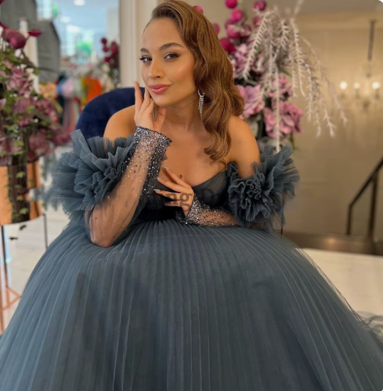 Blue/Pink Tulle Long Ball Gown A Line Evening Dress nv594