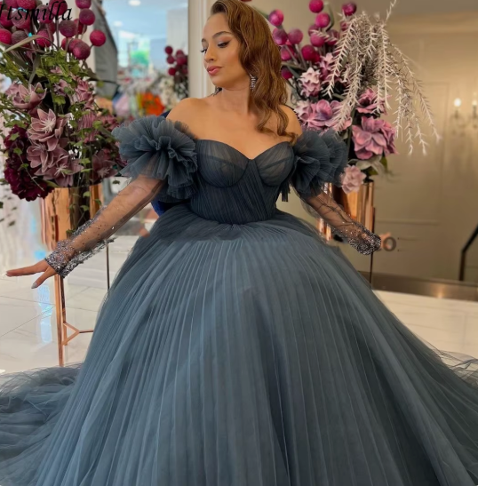 Blue/Pink Tulle Long Ball Gown A Line Evening Dress nv594