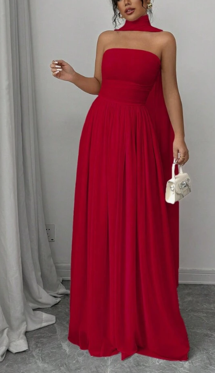 Red elegant off-shoulder long chiffon ball gown evening dress wedding guest dress nv2617