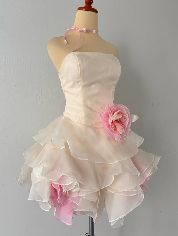 White pink floral elegant short chiffon party dress evening gown ball gown nv4597