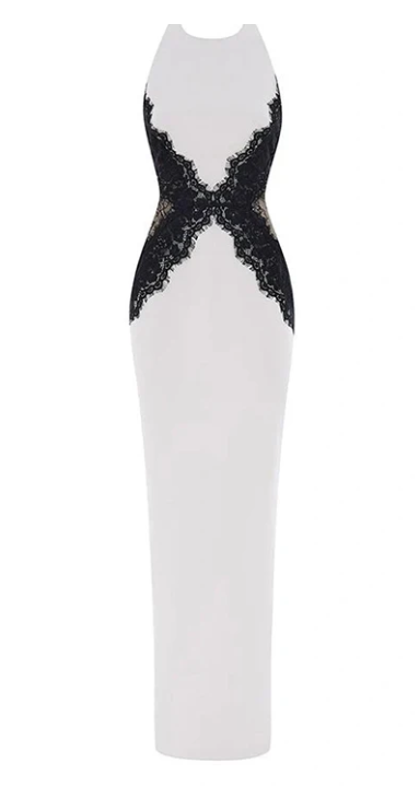 White Black Lace Long Satin prom dress Evening Dress Party Dress Wedding Guest Dress nv4798