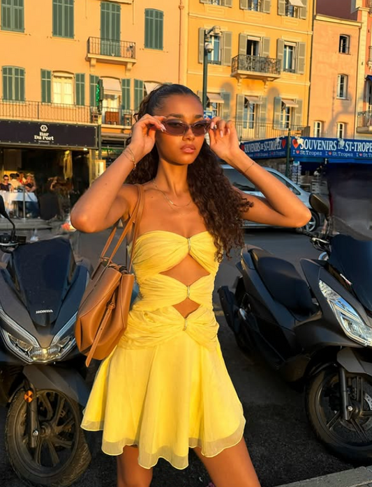 Yellow Fashion Bare Waist Chiffon Short Homecoming Dress Party Dress nv4914