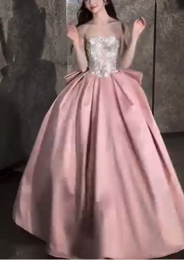 Pink Sparkling Long Satin Ball Gown Evening Dress Party Dress nv4865