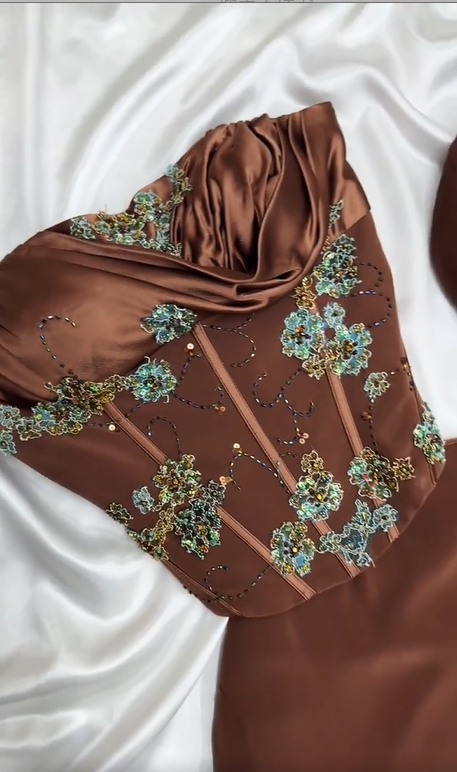 🍫Silky chocolate brown vintage beaded floral long satin Prom Dress evening dress party dress nv5136