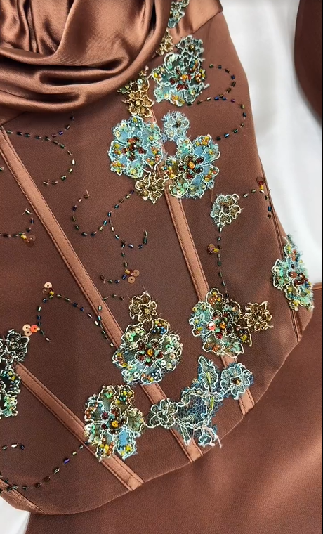 🍫Silky chocolate brown vintage beaded floral long satin Prom Dress evening dress party dress nv5136