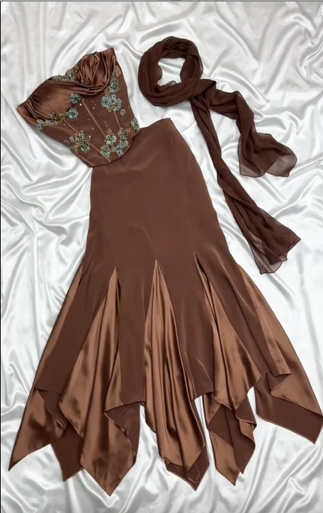 🍫Silky chocolate brown vintage beaded floral long satin Prom Dress evening dress party dress nv5136