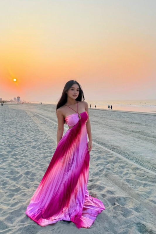 Red and pink gradient fashion suspenders long chiffon holiday party dress nv5407