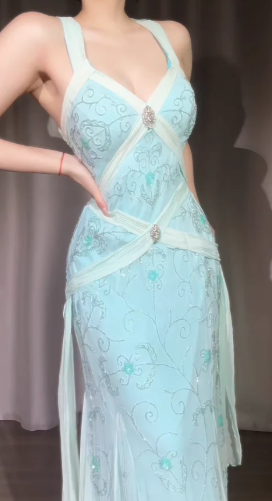 NiceVestidos - Robe de bal vintage, robe de soirée bleue élégante et raffinée, ornée de perles. NV5983