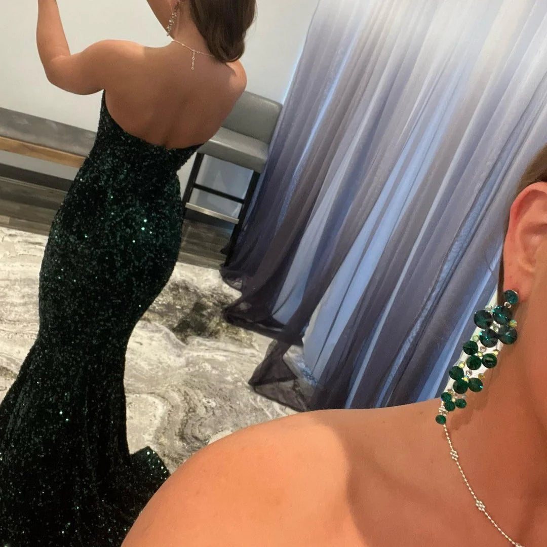 Dark Green V Neck Long Sequin Mermaid Prom Gown Evening Dress Party Dress nv2010