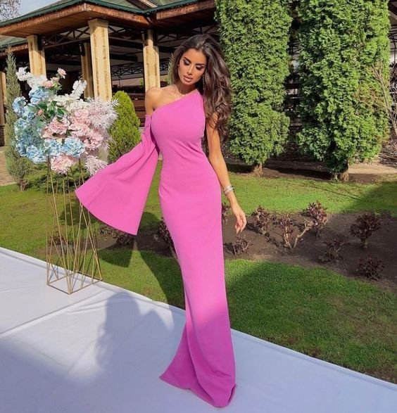 Pink One Shoulder Prom DressesLong Evening Party Dress nv1112