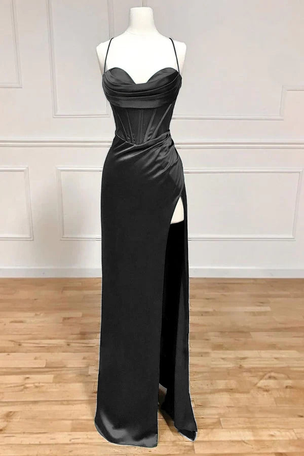 Rotes schlichtes, modisches Sling-Enge-Spaghettiträger-Abendkleid mit Schlitz, langes Ballkleid, Abschlusskleid, NV926