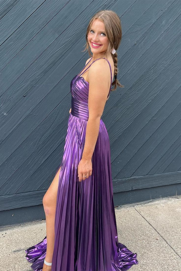 Purple Spaghetti Straps Metallic Keyhole Long Prom Dress with Slit nv1241