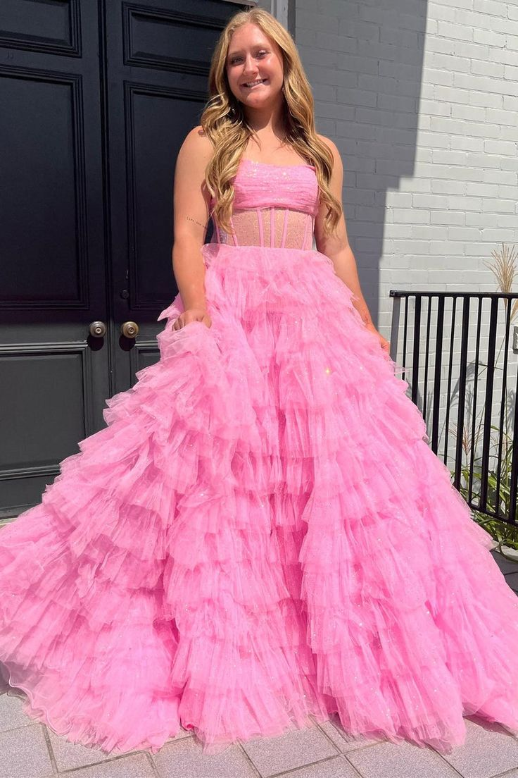 A Line Strapless Corset Glitter Tulle Prom Dress with Ruffles nv1308