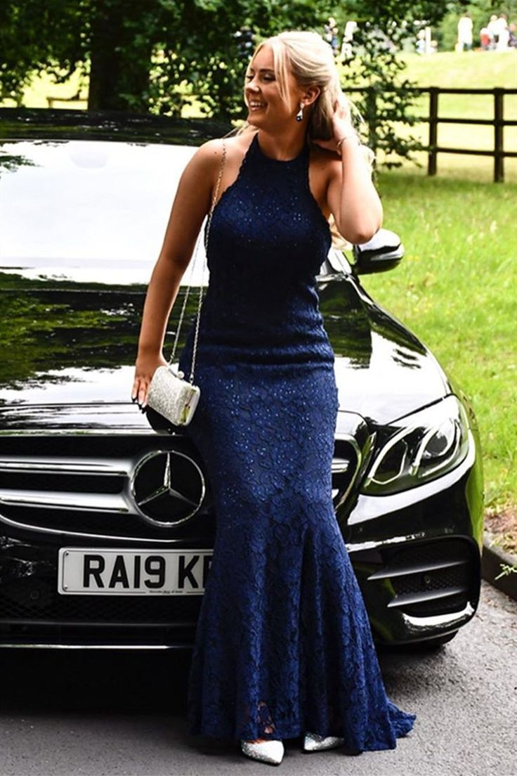 Sexy Mermaid Halter Neck Backless Long Blue Lace Prom Dress nv1267