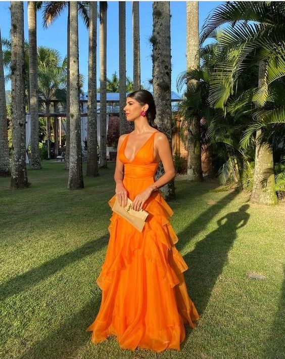 Orange schlichtes, sexy, elegantes V-Ausschnitt-Rüschen-langes Ballkleid, Abendkleid, Partykleid, V-Ausschnitt-Kleid, Ballkleid zum Beeindrucken, nv1161