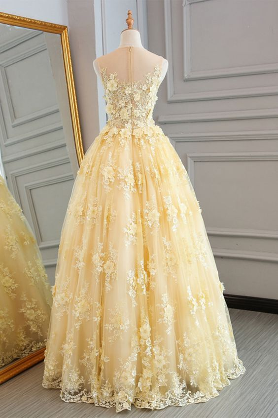 Yellow Lace Long A-line Prom Dress Sleeveless Appliques Gown nv1118