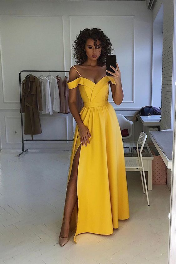 Yellow satin evening dress prom dress sexy formal dresses nv1178