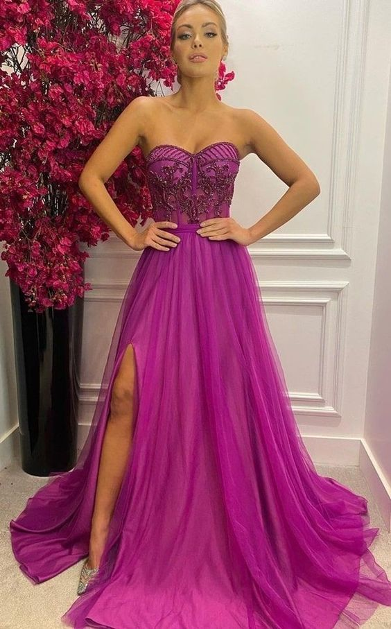 Purple Sweatheart A Line Prom Dress Tulle Evening Dress With Slit nv1168