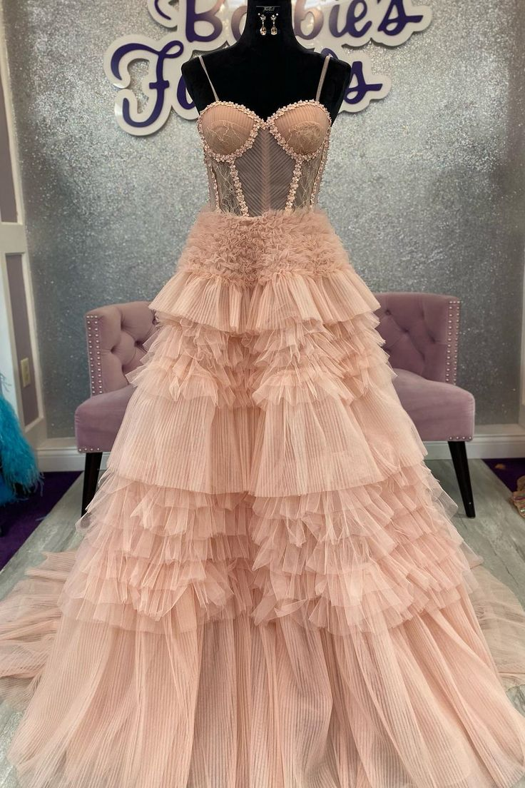 Blushing Pink Tulle Ruffle Layers Lace-Up Back A-Line Prom Dress nv1203