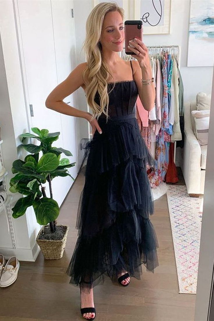Elegant Open Back Layered Black Tulle Long Prom Dress, Black Tulle Formal Graduation Evening Dress nv1288